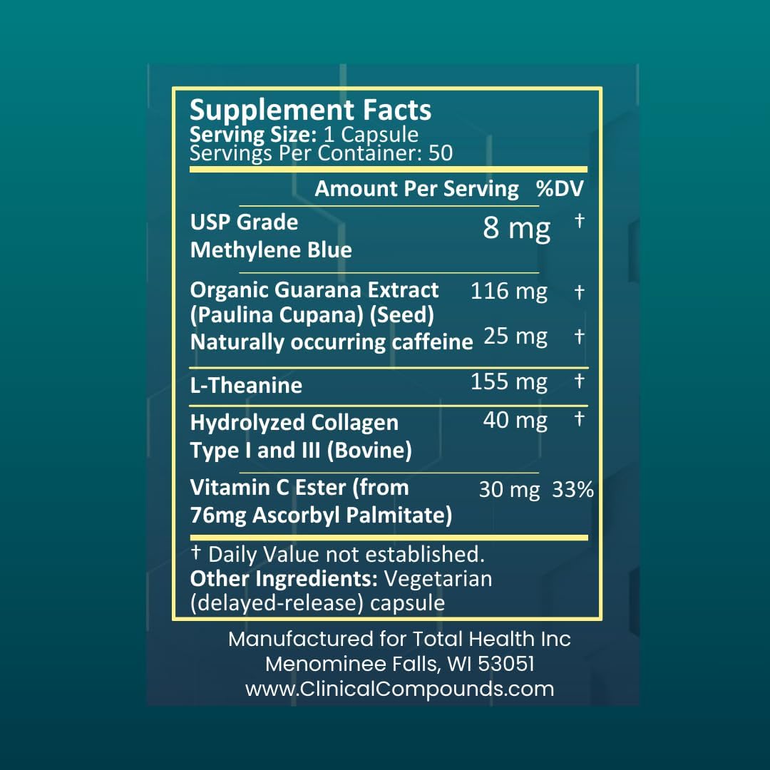Methylene Blue (USP Grade) Pharma Grade Capsules, 50 Capsules, with Vitamin C for Enhanced Absorption, L-Theanine, Organic Guarana Extract, Clinically Formulated Energy Blend Supplement