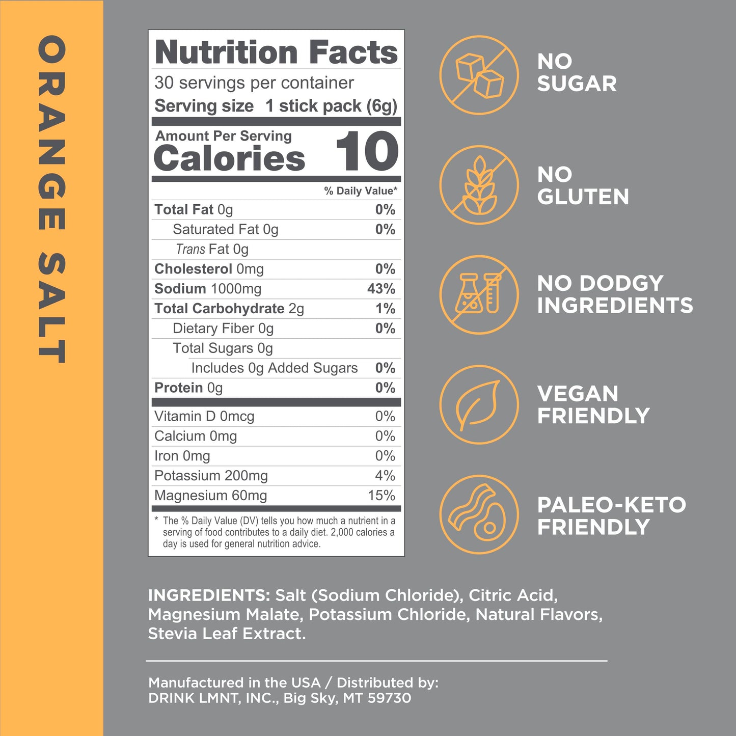 LMNT Zero-Sugar Electrolytes - Orange Salt - Hydration Powder Packets | No Dodgy Ingredients | Keto & Paleo Friendly | 30 Sticks